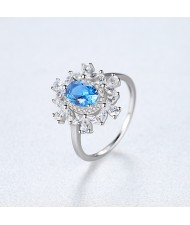 Fine Jewelry Blooming Flower Design Oval Gen Wholesale Women 925 Sterling Silver Ring - Blue