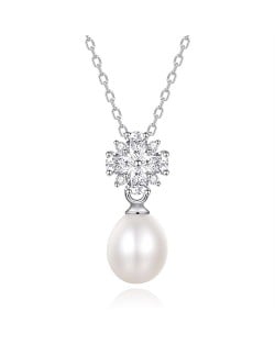 Silver Jewelry Cubic Zirconia Flower Design Natural Pearl Pendant Wholesale Women 925 Sterling Silver Necklace