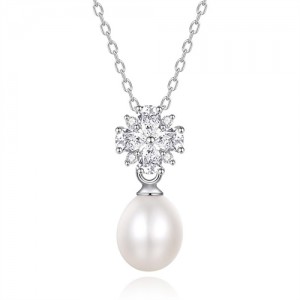 Silver Jewelry Cubic Zirconia Flower Design Natural Pearl Pendant Wholesale Women 925 Sterling Silver Necklace