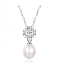 Silver Jewelry Cubic Zirconia Flower Design Natural Pearl Pendant Wholesale Women 925 Sterling Silver Necklace