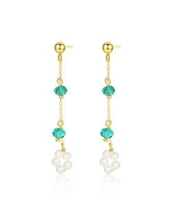Silver Jewelry French Style Green Crystal with Pearl Dangle Wholesale Women 925 Sterling Silver Earrings