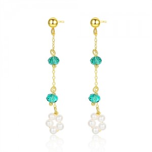 Silver Jewelry French Style Green Crystal with Pearl Dangle Wholesale Women 925 Sterling Silver Earrings