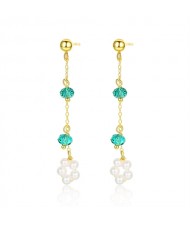 Silver Jewelry French Style Green Crystal with Pearl Dangle Wholesale Women 925 Sterling Silver Earrings