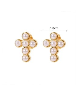 Mini Pearl Decor Cross Design Fashion Jewelry Stainless Steel Wholesale Stud Earrings