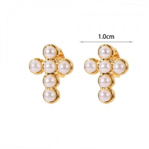 Mini Pearl Decor Cross Design Fashion Jewelry Stainless Steel Wholesale Stud Earrings