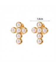 Mini Pearl Decor Cross Design Fashion Jewelry Stainless Steel Wholesale Stud Earrings