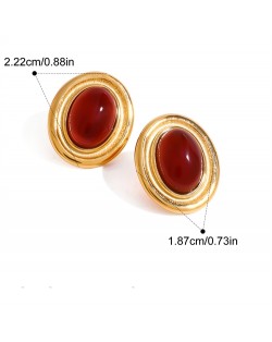 Oval Red Agate Design Fashion Jewelry Women Stainless Steel Wholesale Earrings