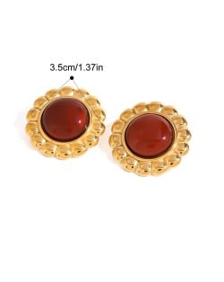 Round Red Agate Sun Flower Design Fashion Jewelry Women Stainless Steel Wholesale Earrings