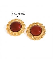 Round Red Agate Sun Flower Design Fashion Jewelry Women Stainless Steel Wholesale Earrings
