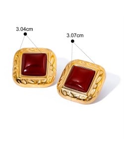 Square Design Red Agate Business Style Fashion Jewelry Women Stainless Steel Wholesale Earrings
