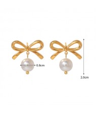 Gentle Bowknot with Pearl Style Fashion Jewelry Women Stainless Steel Wholesale Earrings