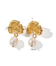 Leaf with Pearl Dangle Fashion Jewelry Women Stainless Steel Wholesale Earrings