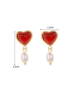 Heart Shape Red Agate Pearl Dangle Design Fashion Jewelry Women Stainless Steel Wholesale Earrings