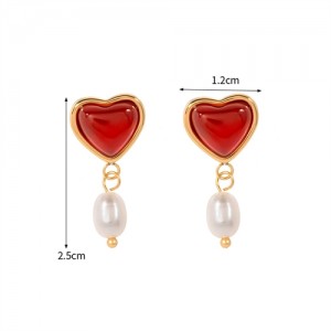 Heart Shape Red Agate Pearl Dangle Design Fashion Jewelry Women Stainless Steel Wholesale Earrings