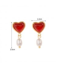 Heart Shape Red Agate Pearl Dangle Design Fashion Jewelry Women Stainless Steel Wholesale Earrings