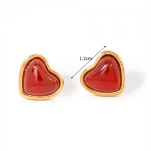 Simple Red Agate Heart Shape Design Fashion Jewelry Women Stainless Steel Wholesale Earrings