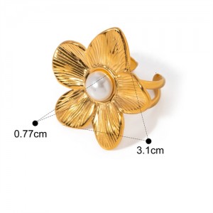 Pearl Decorated Flower Design 18K Gold Plated Fashion Wholesale Jewelry Women Stainless Steel Ring