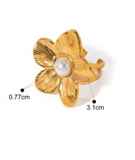 Pearl Decorated Flower Design 18K Gold Plated Fashion Wholesale Jewelry Women Stainless Steel Ring