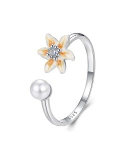 Fine Jewelry Small Flower with Pearl Open-end Design Wholesale Women 925 Sterling Silver Ring