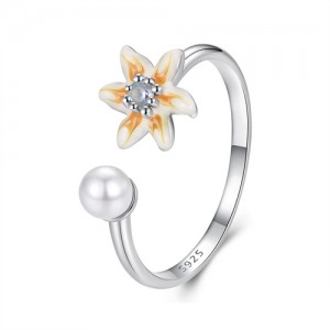 Fine Jewelry Small Flower with Pearl Open-end Design Wholesale Women 925 Sterling Silver Ring