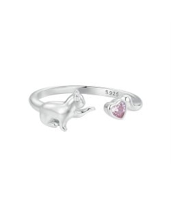 Fine Jewelry Cute Cat with Pink Cubic Zirconia Open-end Design Wholesale Women 925 Sterling Silver Ring