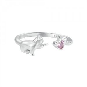 Fine Jewelry Cute Cat with Pink Cubic Zirconia Open-end Design Wholesale Women 925 Sterling Silver Ring