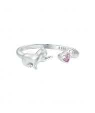 Fine Jewelry Cute Cat with Pink Cubic Zirconia Open-end Design Wholesale Women 925 Sterling Silver Ring