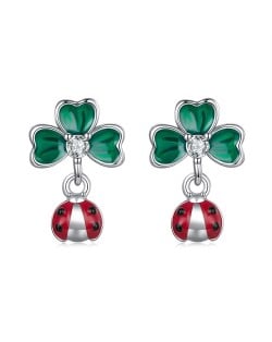 Silver Jewelry Green Leaf with Ladybug Deisgn Wholesale Women 925 Sterling Silver Earrings
