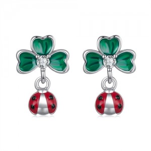 Silver Jewelry Green Leaf with Ladybug Deisgn Wholesale Women 925 Sterling Silver Earrings