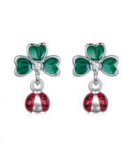 Silver Jewelry Green Leaf with Ladybug Deisgn Wholesale Women 925 Sterling Silver Earrings