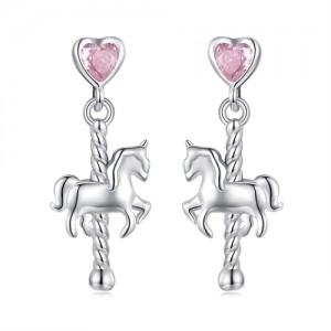 Silver Jewelry Pink Cubic Zirconia Horse Deisgn Wholesale Women 925 Sterling Silver Earrings