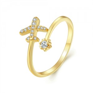 Fine Jewelry Mini Plane Design Cubic Zirconia Open-end Wholesale Women 925 Sterling Silver Ring - Golden