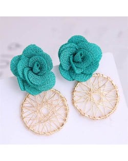 Cloth Flower with Golden Nets Hoop Design Women Wholesale Stud Earrings - Teal