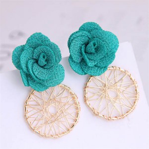 Cloth Flower with Golden Nets Hoop Design Women Wholesale Stud Earrings - Teal