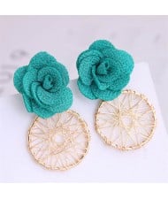 Cloth Flower with Golden Nets Hoop Design Women Wholesale Stud Earrings - Teal
