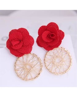 Cloth Flower with Golden Nets Hoop Design Women Wholesale Stud Earrings - Red