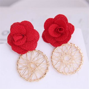 Cloth Flower with Golden Nets Hoop Design Women Wholesale Stud Earrings - Red