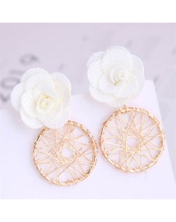 Cloth Flower with Golden Nets Hoop Design Women Wholesale Stud Earrings - White