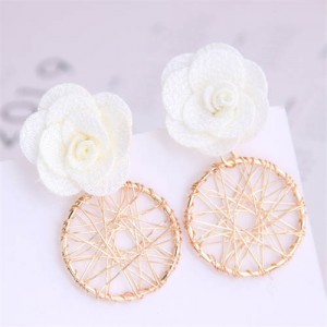 Cloth Flower with Golden Nets Hoop Design Women Wholesale Stud Earrings - White