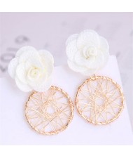 Cloth Flower with Golden Nets Hoop Design Women Wholesale Stud Earrings - White