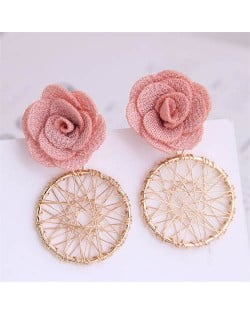Cloth Flower with Golden Nets Hoop Design Women Wholesale Stud Earrings - Pink