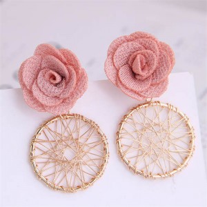 Cloth Flower with Golden Nets Hoop Design Women Wholesale Stud Earrings - Pink