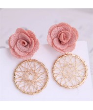 Cloth Flower with Golden Nets Hoop Design Women Wholesale Stud Earrings - Pink