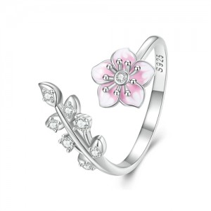 Fine Jewelry Pink Sakura with Leaf Open-end Design Wholesale Women 925 Sterling Silver Ring