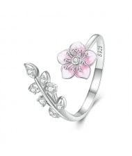 Fine Jewelry Pink Sakura with Leaf Open-end Design Wholesale Women 925 Sterling Silver Ring