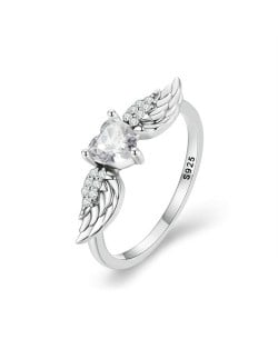 Fine Jewelry Cubic Zirconia Heart with Wing Design Wholesale Women 925 Sterling Silver Ring - White