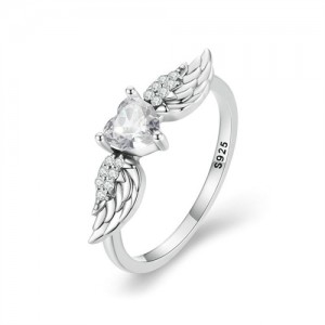 Fine Jewelry Cubic Zirconia Heart with Wing Design Wholesale Women 925 Sterling Silver Ring - White