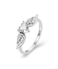 Fine Jewelry Cubic Zirconia Heart with Wing Design Wholesale Women 925 Sterling Silver Ring - White