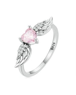 Fine Jewelry Cubic Zirconia Heart with Wing Design Wholesale Women 925 Sterling Silver Ring - Pink