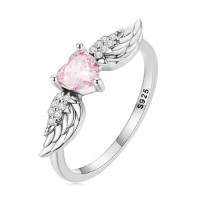 Fine Jewelry Cubic Zirconia Heart with Wing Design Wholesale Women 925 Sterling Silver Ring - Pink